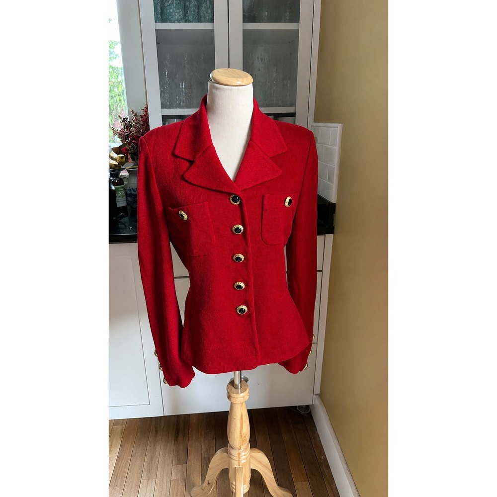 St. John Collection Red Santana Knit Skirt Suit Gold Enamel Button Blazer Set 8